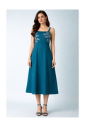 Teal Pure Cotton Fit & Flare Midi Dress with Ivory Leaf Embroidery