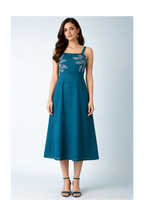 Teal Pure Cotton Fit & Flare Midi Dress with Ivory Leaf Embroidery