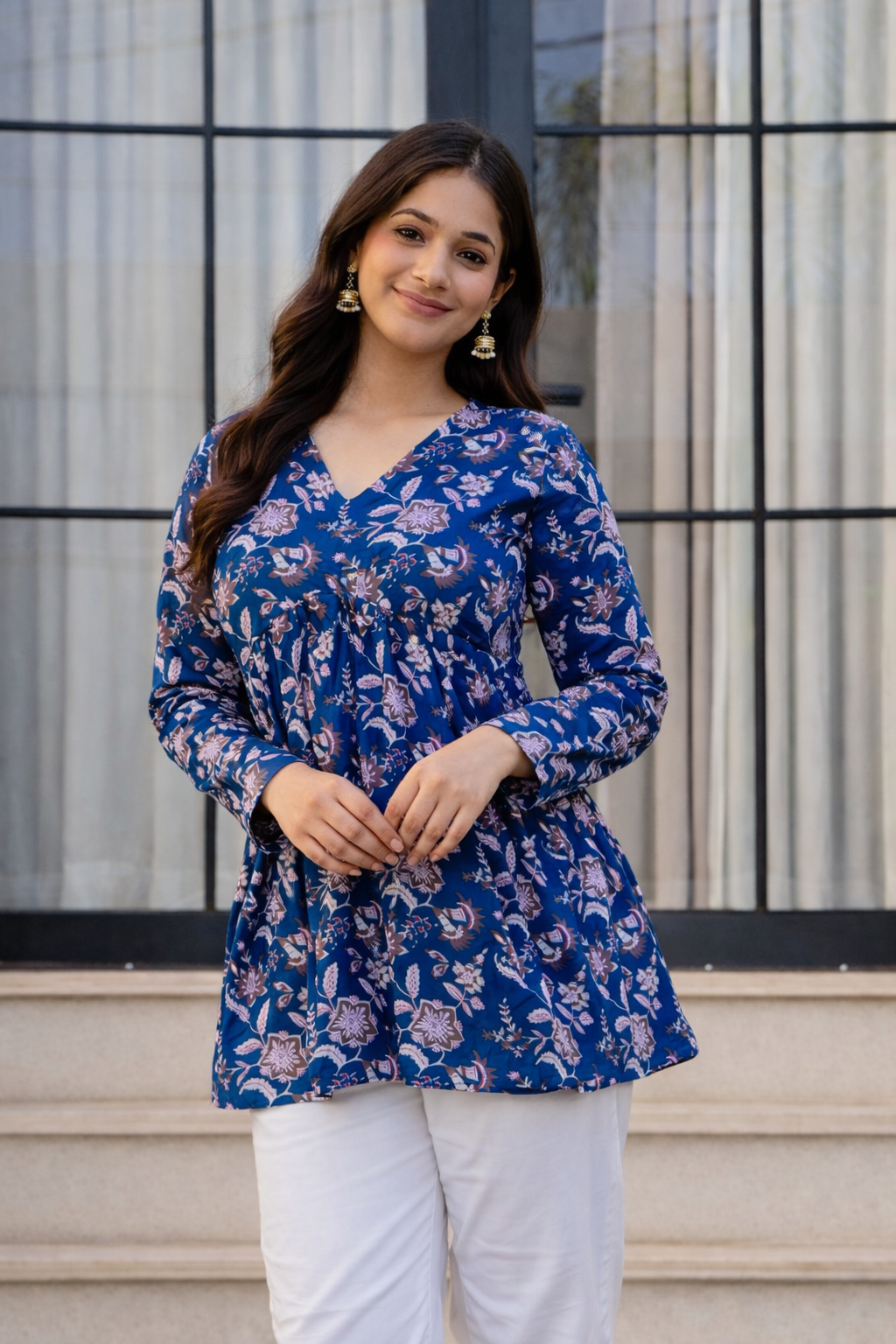 Navy Blue Floral Printed Cotton Tunic Top