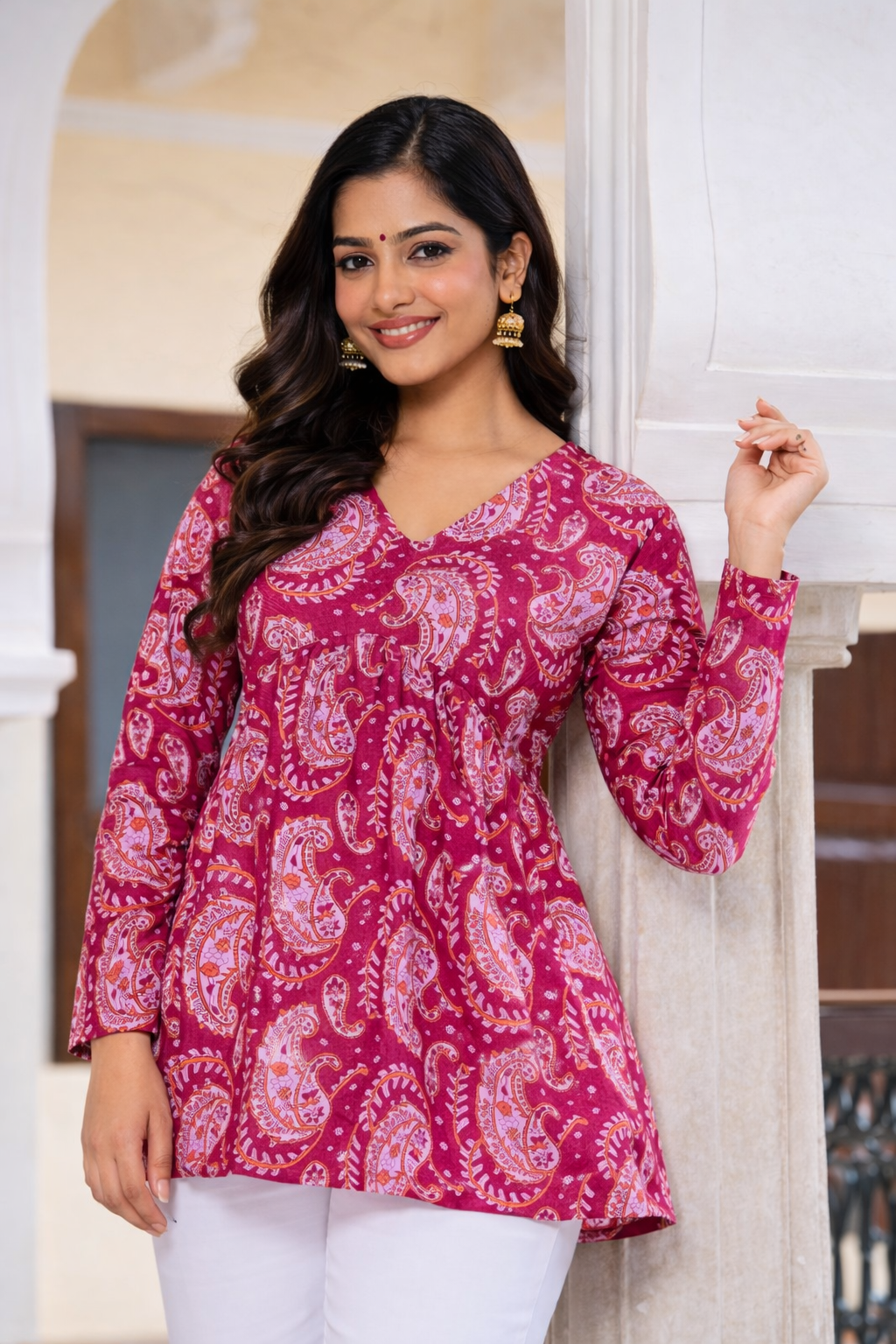 Magenta Paisley Printed Cotton Tunic Top
