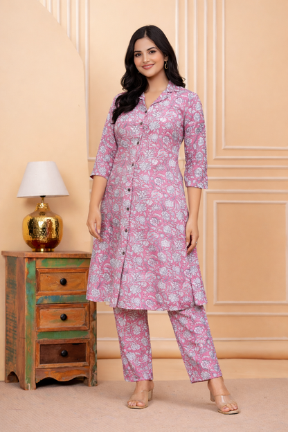 Pink Floral Cotton Blend Kurta Set for Women