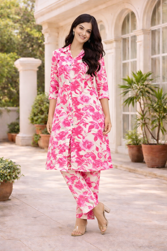 Pink Floral Premium Cotton Blend Kurta Set for Women