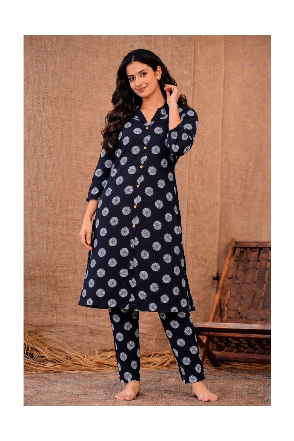 Women’s Premium Cotton Printed Kurta Pant Set – Black Medallion