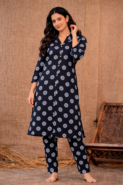 Women’s Premium Cotton Printed Kurta Pant Set – Black Medallion