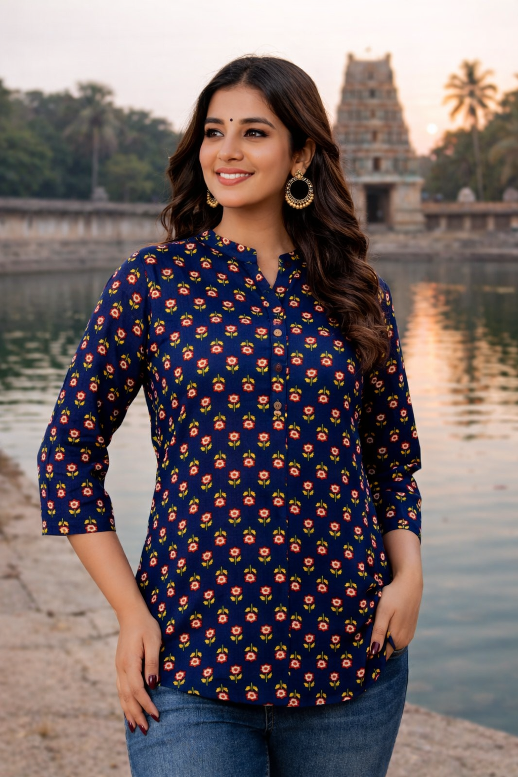 Navy Blue Floral Printed Regular Top | Premium Cotton | 3/4th Sleeves