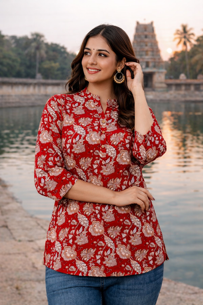Red Floral Printed Regular Top | Premium Cotton | 3/4th Sleeves