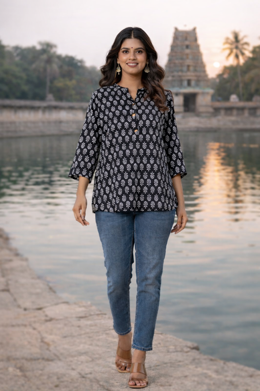 Black Ethnic Printed Regular Top | Premium Cotton | 3/4th Sleeves