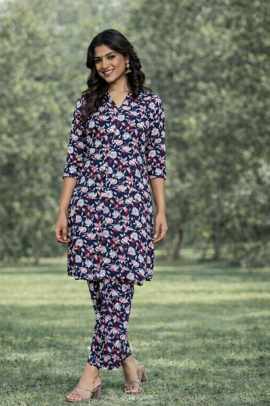 Women’s Navy Blue Floral Printed Kurta Set – Premium Soft Cotton | 2-Piece Set