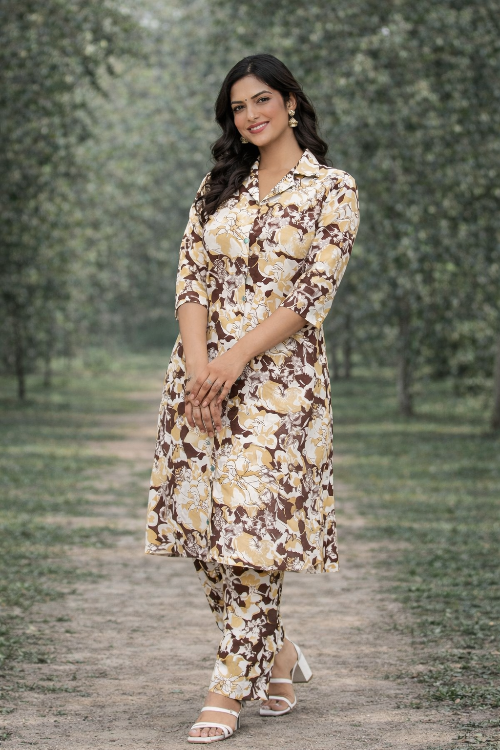 Women’s Cream & Brown Floral Printed Kurta Set – Premium Soft Cotton | 2-Piece Set