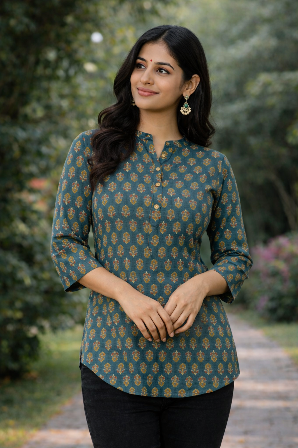 Women’s Printed Cotton Kurti | Teal Green Ethnic Daily Wear Top