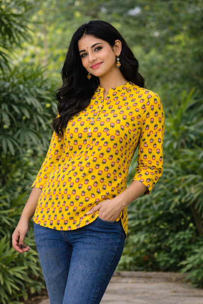 Women’s Yellow Printed Cotton Kurti | 3/4 Sleeve Casual Wear Top