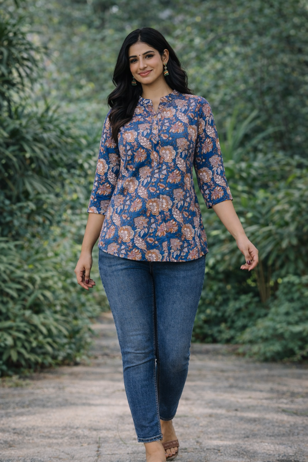 Women’s Blue Floral Printed Cotton Kurti | 3/4 Sleeve Casual Wear Top