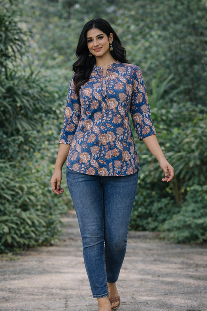 Women’s Blue Floral Printed Cotton Kurti | 3/4 Sleeve Casual Wear Top