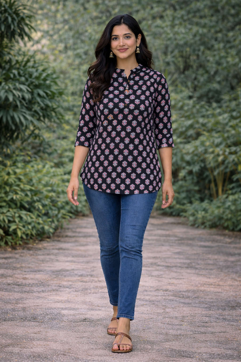 Women’s Black Floral Printed Cotton Kurti | 3/4 Sleeve Everyday Wear Top