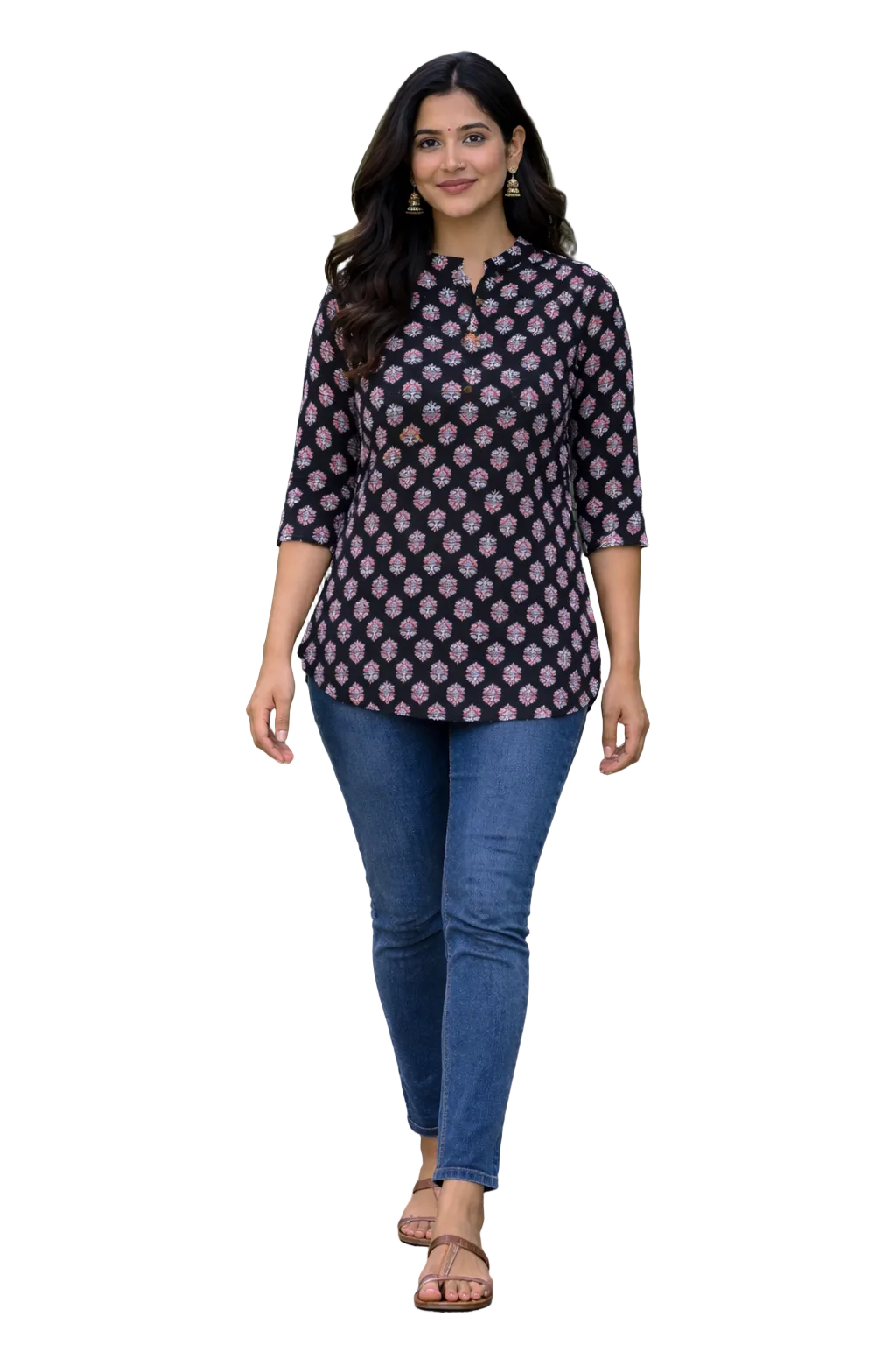 Women’s Black Floral Printed Cotton Kurti | 3/4 Sleeve Everyday Wear Top