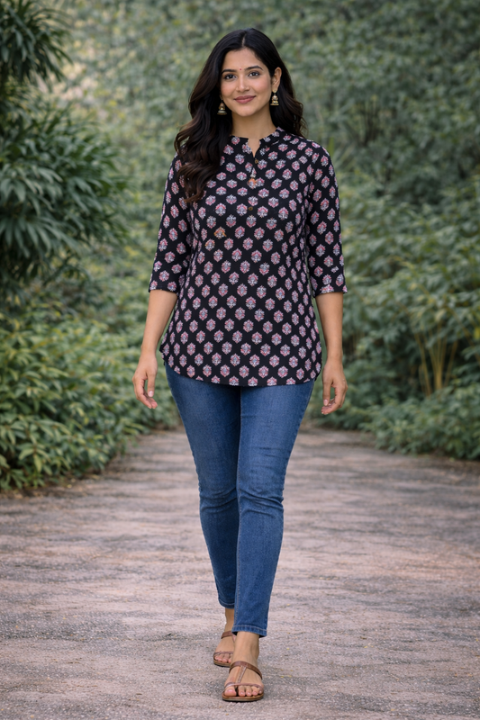 Women’s Black Floral Printed Cotton Kurti | 3/4 Sleeve Everyday Wear Top