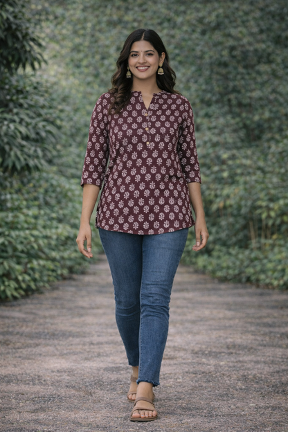 Women’s Maroon Printed Cotton Kurti | 3/4 Sleeve Everyday Wear Top