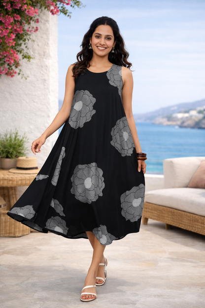 Black Floral Printed Fit & Flare Cotton Stitched Dress