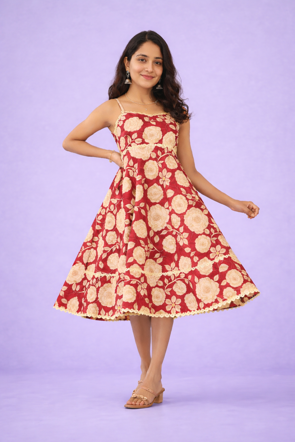 Maroon Floral Print Fit & Flare Cotton Stitched Dress