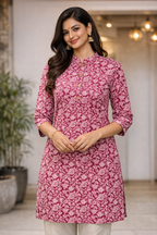Women Pink Floral Printed Straight Cotton Kurti | Everyday Wear
