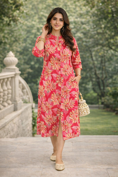 Pink Floral Printed Cotton Straight Kurti