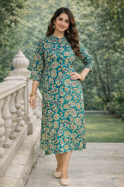 Teal Green Printed Cotton Long Kurti