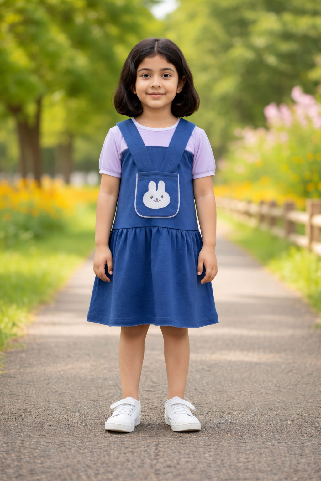 Girls Navy Blue Bunny Pinafore Frock – Soft Interlock Cotton