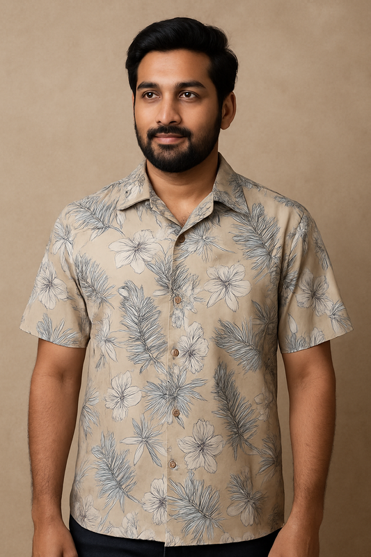 Men's Hawaiian Shirt – Beige Tropical Floral Print, Short Sleeve, Casual Beach Wear – Regular Fit