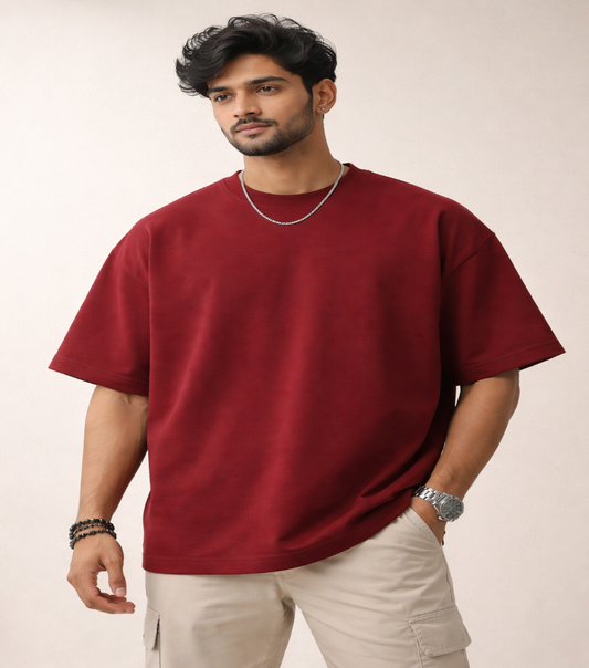 Maroon Oversized T-Shirt for Men | 240 GSM Premium French Terry Cotton | Streetwear Drop Shoulder Tee