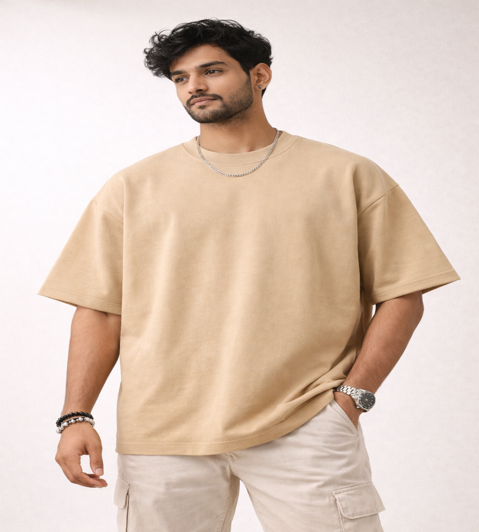 Beige Oversized T-Shirt | 240 GSM Premium French Terry Cotton | Streetwear Drop Shoulder Tee