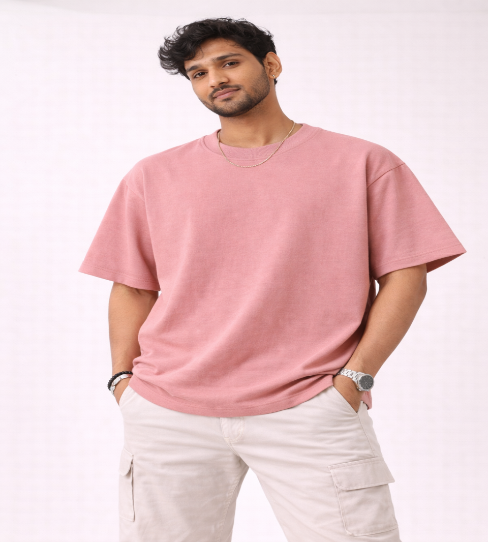 Rose Pink Oversized T-Shirt | 240 GSM Premium French Terry Cotton | Streetwear Drop Shoulder Tee