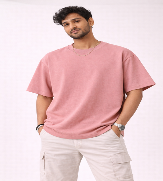 Rose Pink Oversized T-Shirt | 240 GSM Premium French Terry Cotton | Streetwear Drop Shoulder Tee