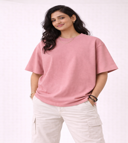 Rose Pink Oversized T-Shirt | 240 GSM Premium French Terry Cotton | Streetwear Drop Shoulder Tee