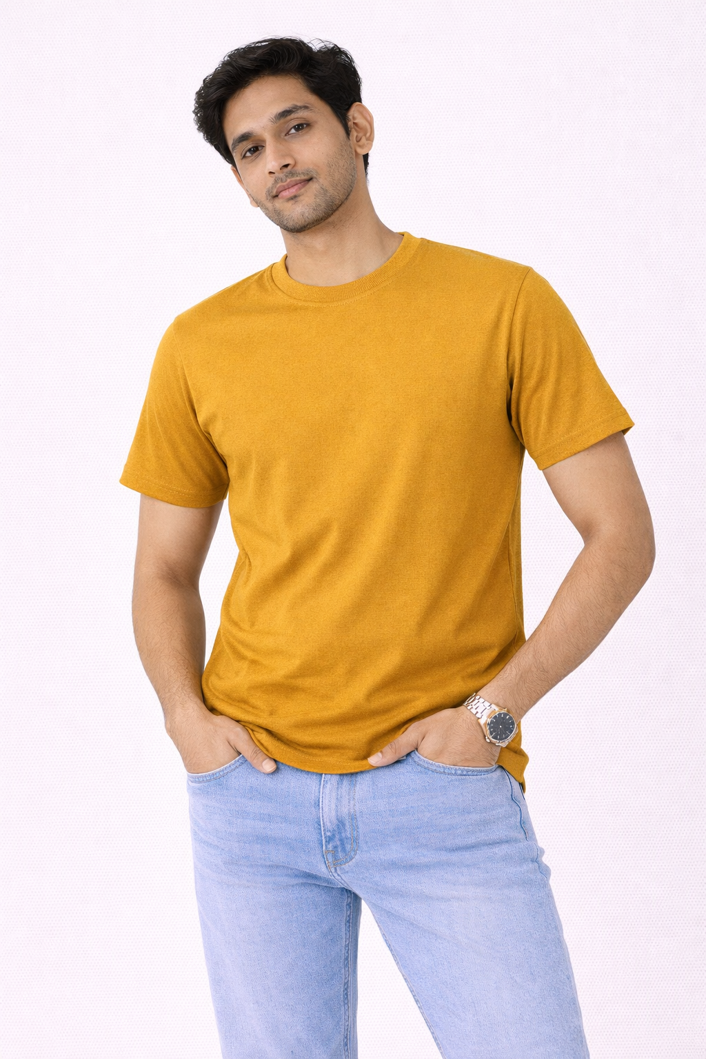 Mustard Yellow Bio-Washed 100% Cotton Super Combed T-Shirt (180 GSM) | Premium Quality | Soft & Breathable