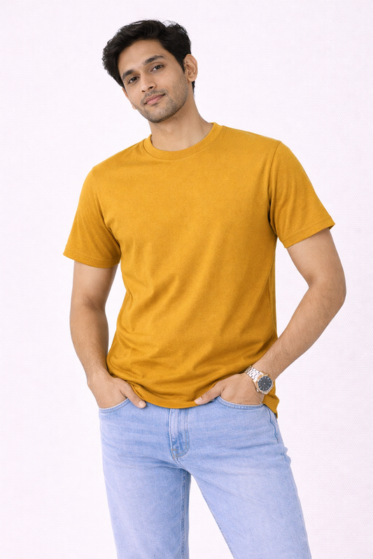Mustard Yellow Bio-Washed 100% Cotton Super Combed T-Shirt (180 GSM) | Premium Quality | Soft & Breathable