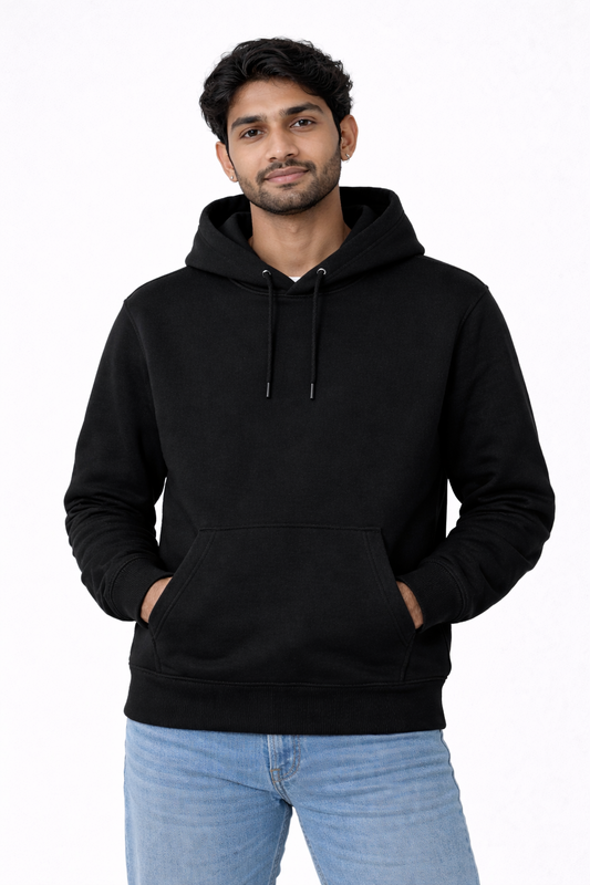 320 GSM Premium Cotton Brushed Loopknit Hoodie | 88% Cotton 12% Polyester | Soft Winter Wear - Black