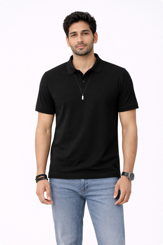 Men’s Black Cotton Matty Polo T-Shirt | Premium Piqué Fabric | Classic Fit | Half Sleeve Polo
