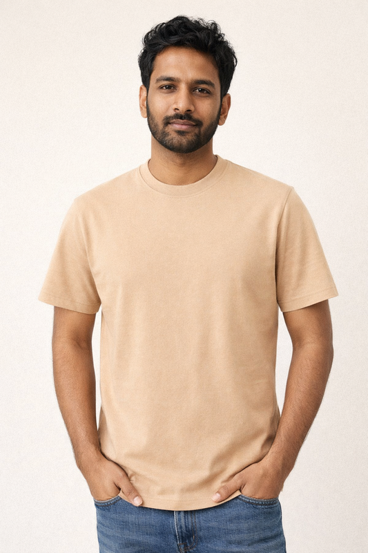 Biege Bio-Washed 100% Cotton Super Combed T-Shirt (180 GSM) | Premium Quality | Soft & Breathable