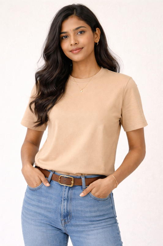 Beige Bio-Washed 100% Cotton Super Combed T-Shirt (180 GSM) | Premium Quality | Soft & Breathable