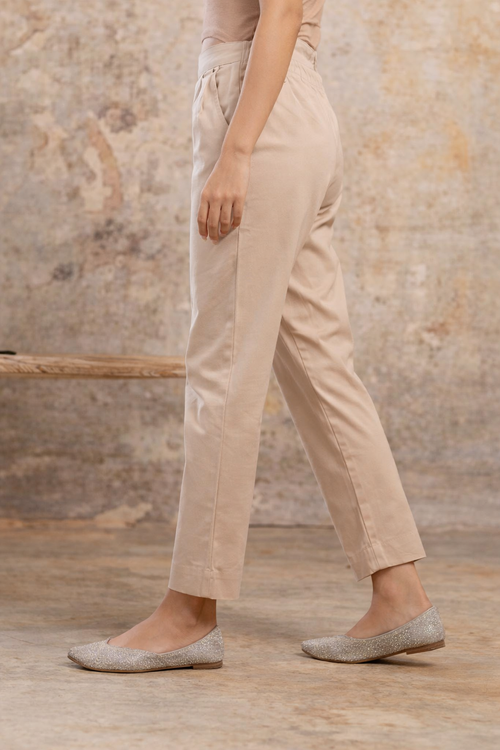 Beige Premium Cotton Ankle-Length Pants — Elegant Straight Fit Daily Wear