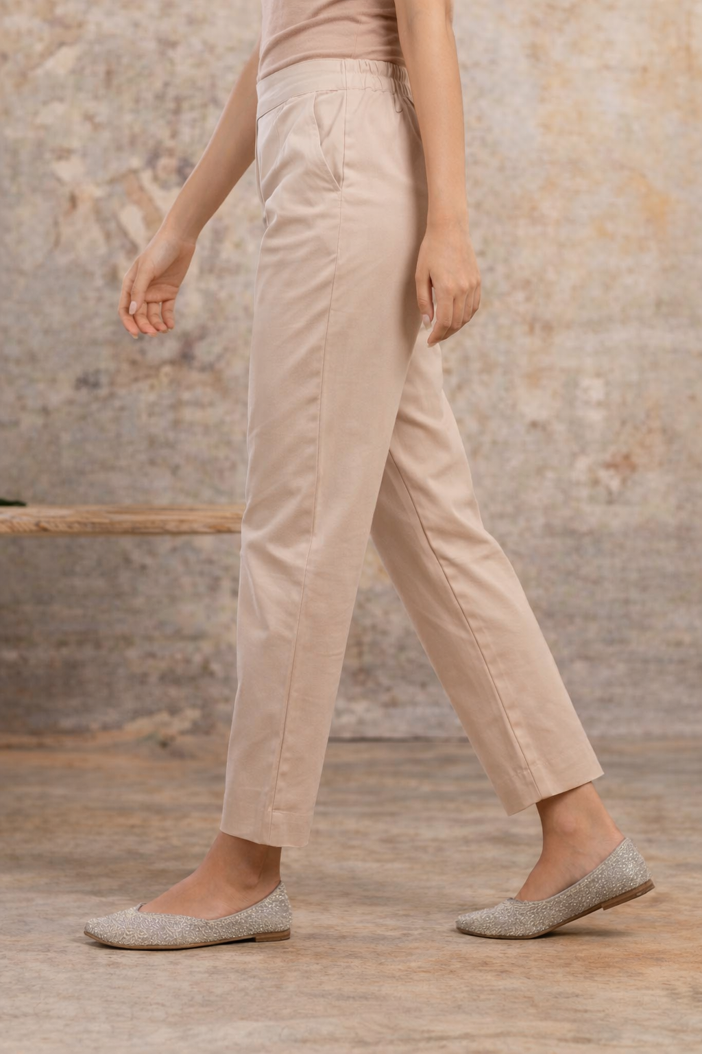 Beige Premium Cotton Ankle-Length Pants — Elegant Straight Fit Daily Wear
