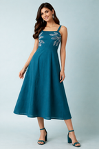 Teal Pure Cotton Fit & Flare Midi Dress with Ivory Leaf Embroidery