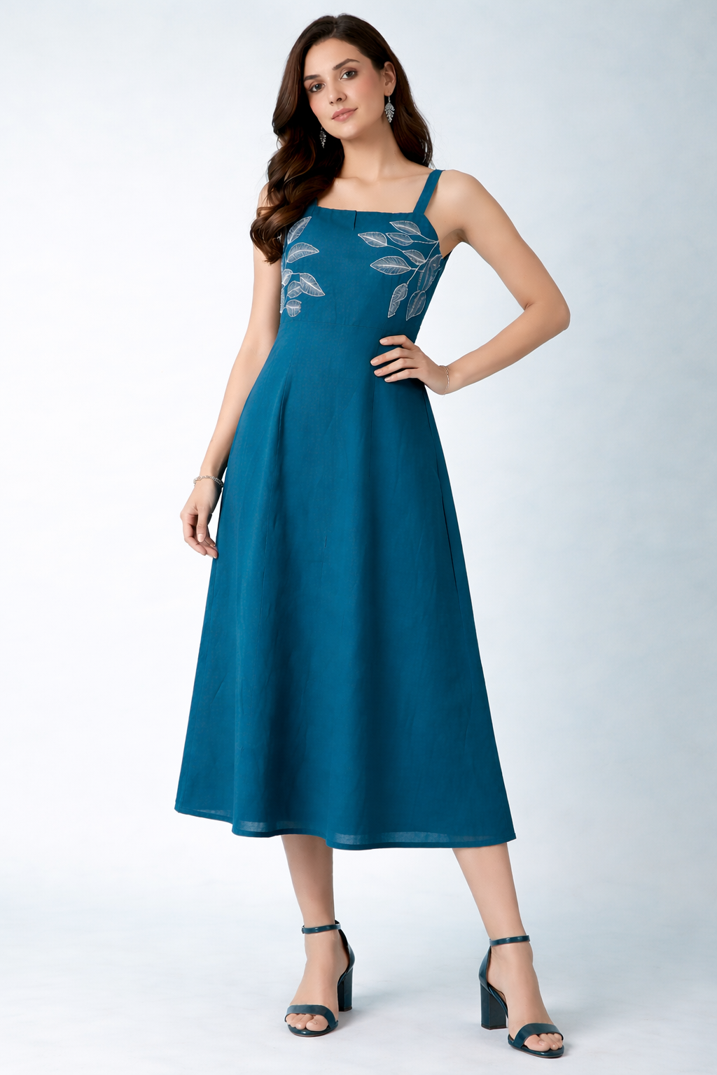 Teal Pure Cotton Fit & Flare Midi Dress with Ivory Leaf Embroidery