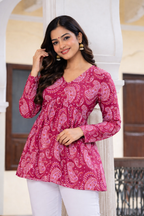 Magenta Paisley Printed Cotton Tunic Top