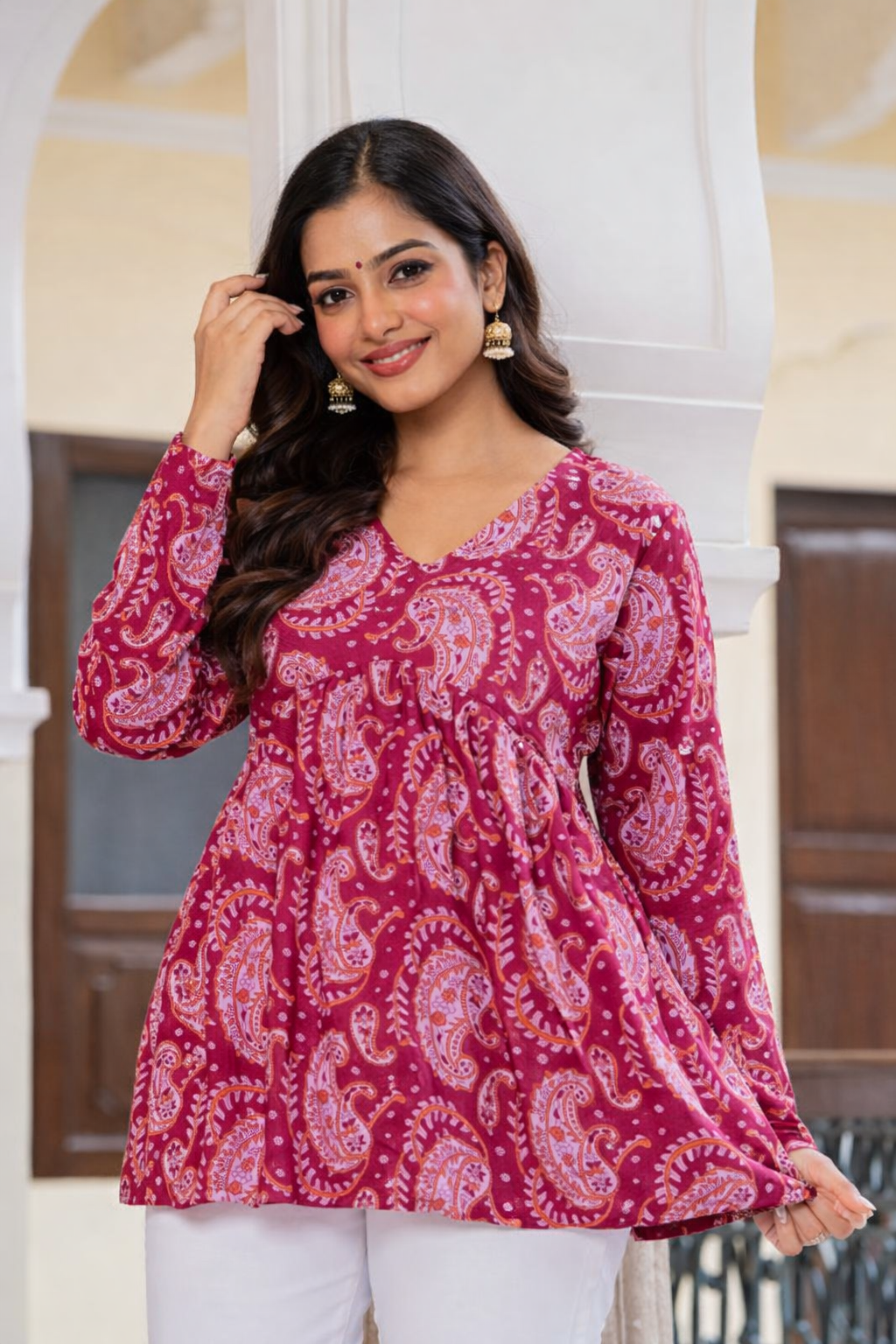 Magenta Paisley Printed Cotton Tunic Top