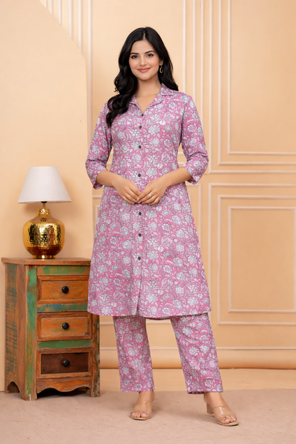 Pink Floral Cotton Blend Kurta Set for Women