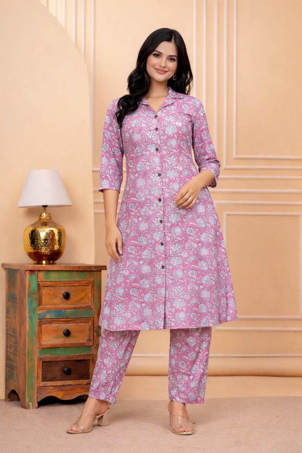 Pink Floral Cotton Blend Kurta Set for Women
