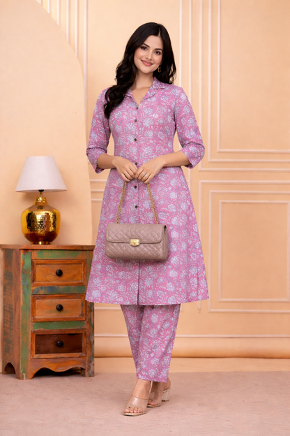 Pink Floral Cotton Blend Kurta Set for Women