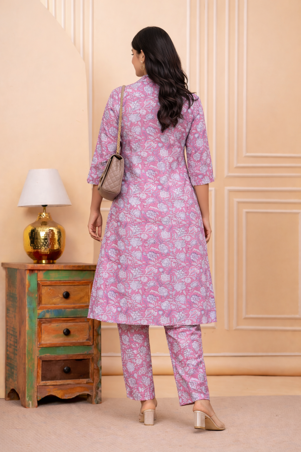 Pink Floral Cotton Blend Kurta Set for Women