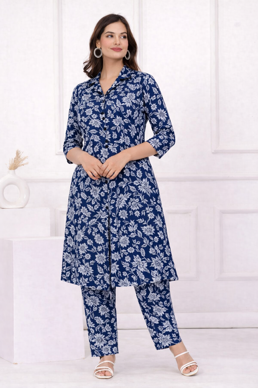 Women’s  Blue Floral Printed Kurta Set – Premium Soft Cotton | 2-Piece Set